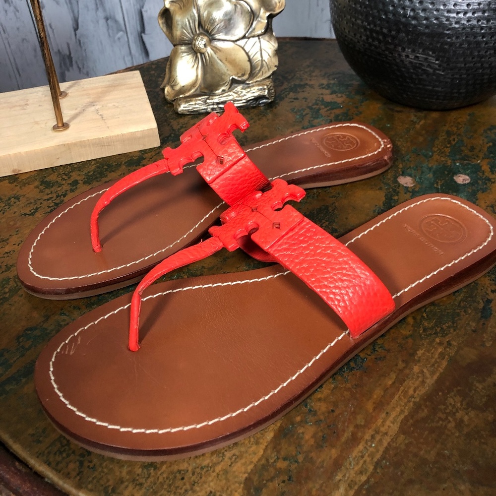 Tory Burch Moore Poppy Coral Leather Flat Sandals